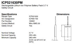 Baterie (akumulátor) Renata, 3,7V, 250mAh,  Li-Pol, ICP521630PM, 1ks - 2